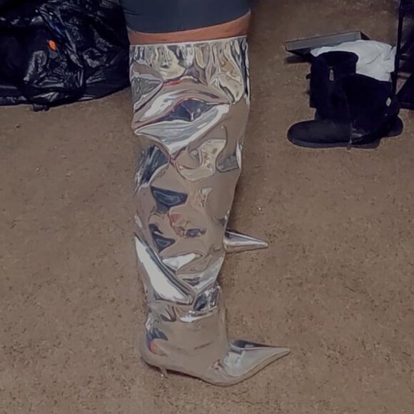 🆕Women Silver Faux Leather Wide Calf Thigh High Heeled Stiletto Cone Heel Boot - Picture 2 of 9